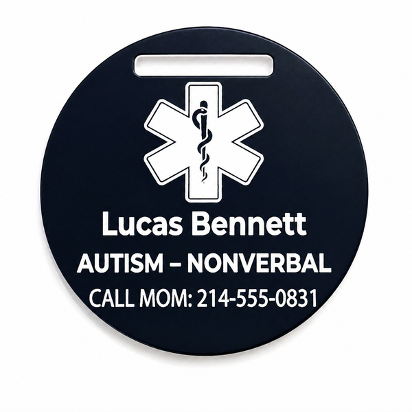 Black round medical alert tag with white text and symbol on a white background