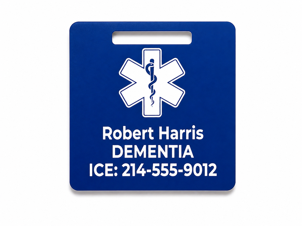 Blue medical alert tag with white text and symbol on a white background