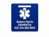 Blue medical alert tag with white text and symbol on a white background
