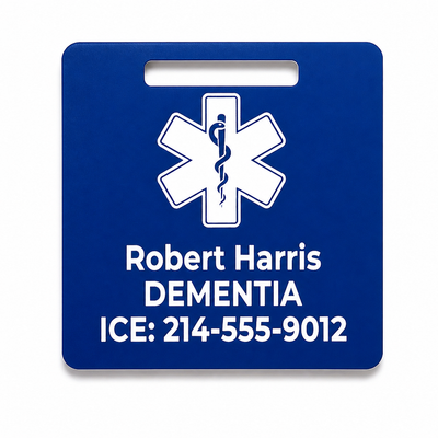 Blue medical alert tag with white text and symbol on a white background