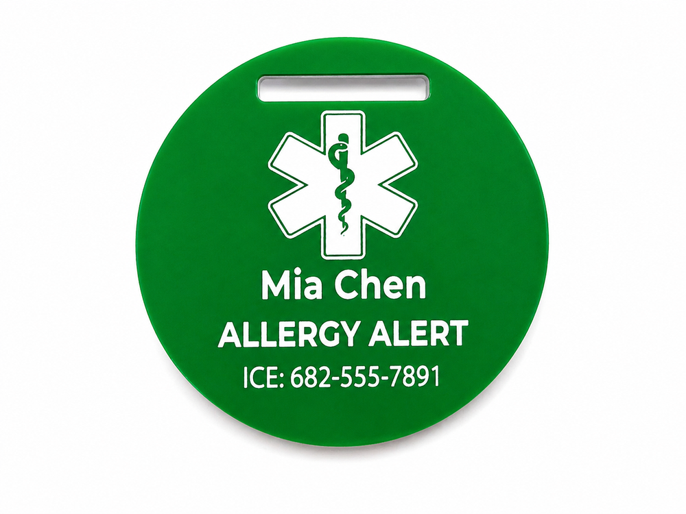 Green allergy alert tag with a white medical symbol on a white background