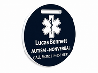 Black medical ID tag with white text and symbol on a white background