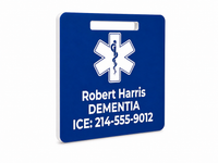 Blue medical alert ID tag with star of life symbol and personalized information on a white background