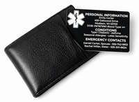 Black leather wallet with a medical information card on a white background